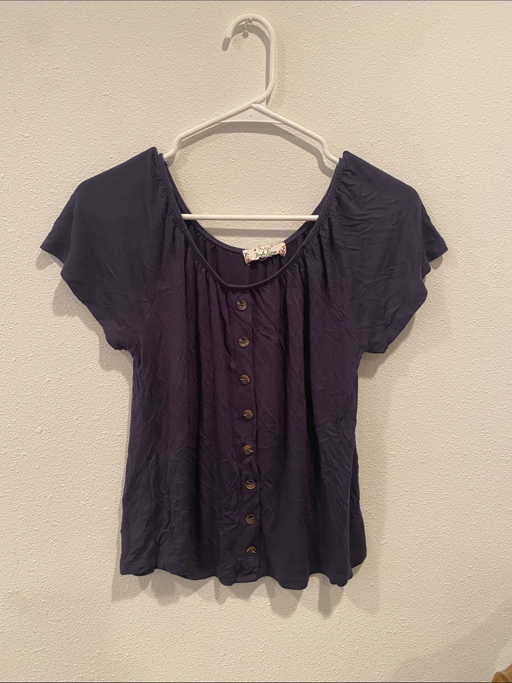 Pink Rose Dark Navy Button-Front Short Sleeve Blouse